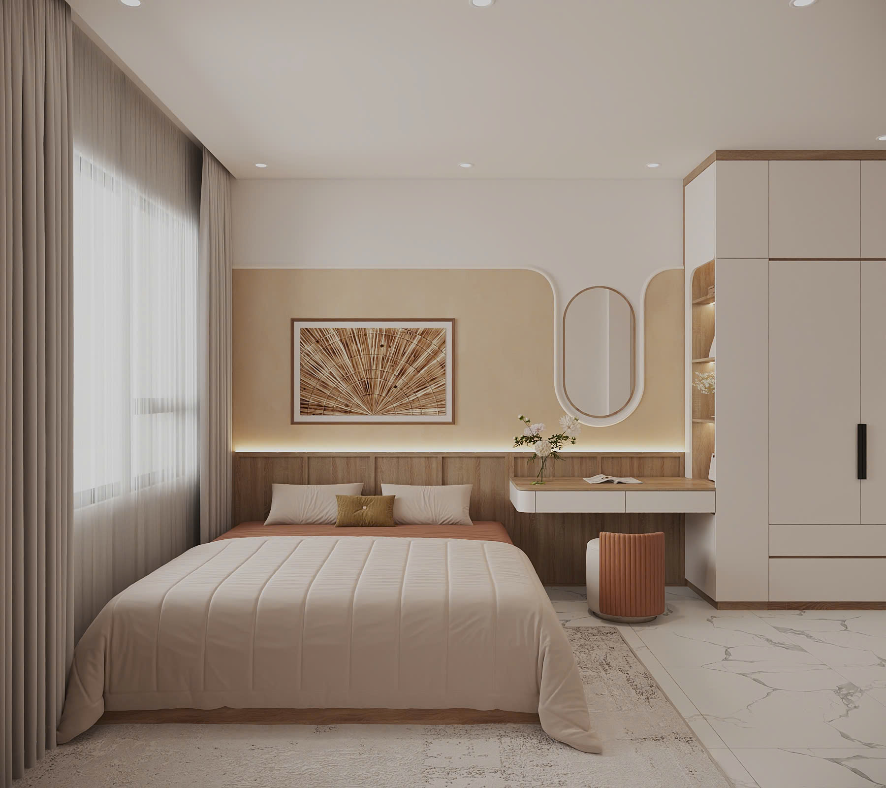 thiết kế phòng ngủ phong cách cream soft-minimalism